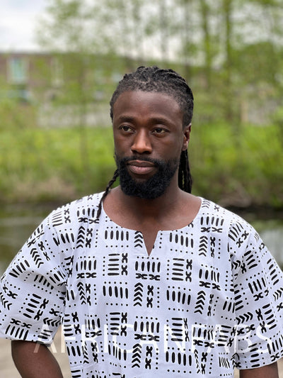 White & Black Bogolan Dashiki Shirt / Dashiki Dress - African print top - Unisex