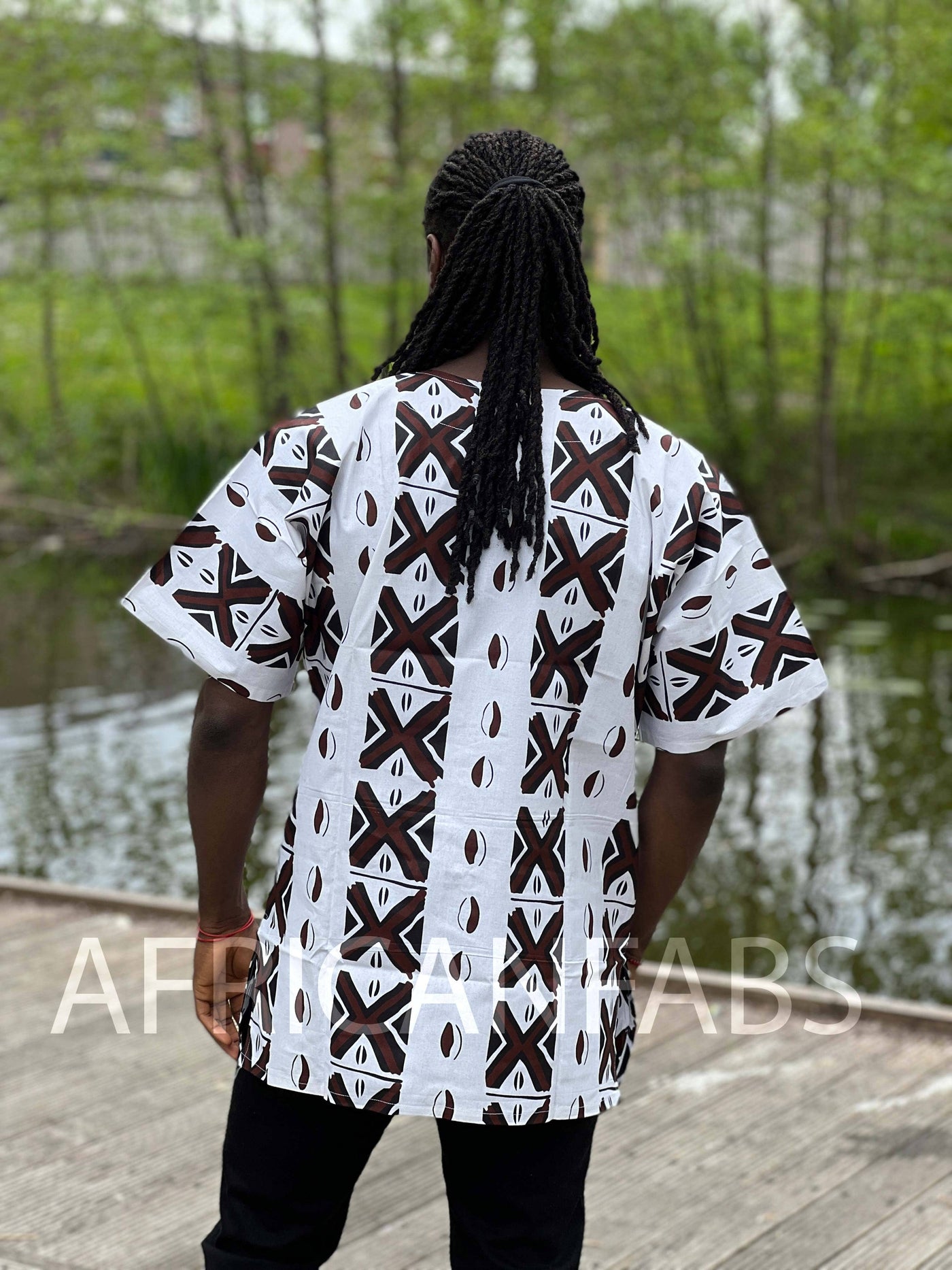 White & Brown Bogolan Dashiki Shirt / Dashiki Dress - African print top - Unisex